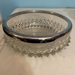 Vintage Fostoria‎ American Crystal Heavy Cut Glass Bowl Rimmed With Silver